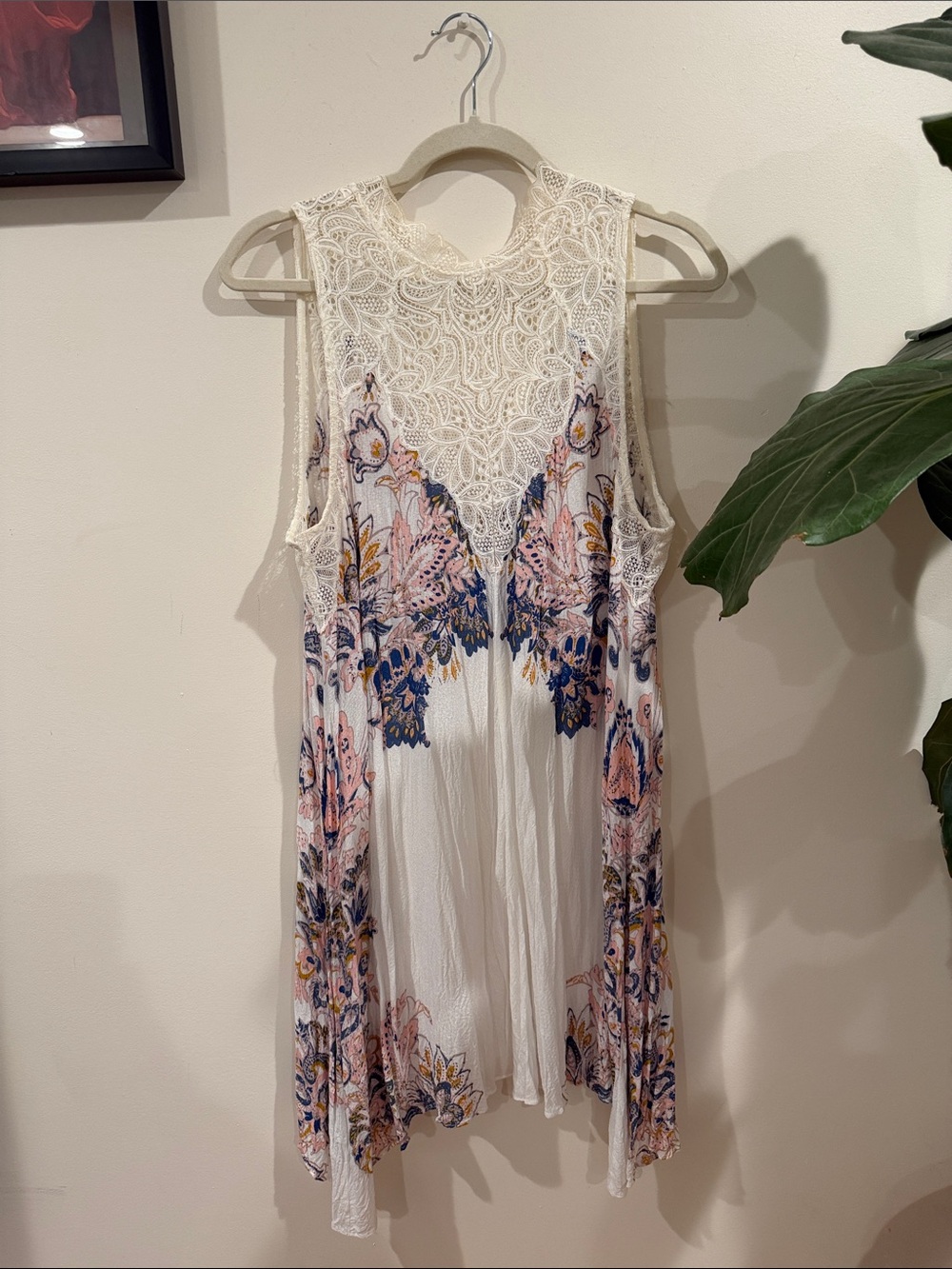 Free People Boho Lace Yoke Floral Print White Mini Dress